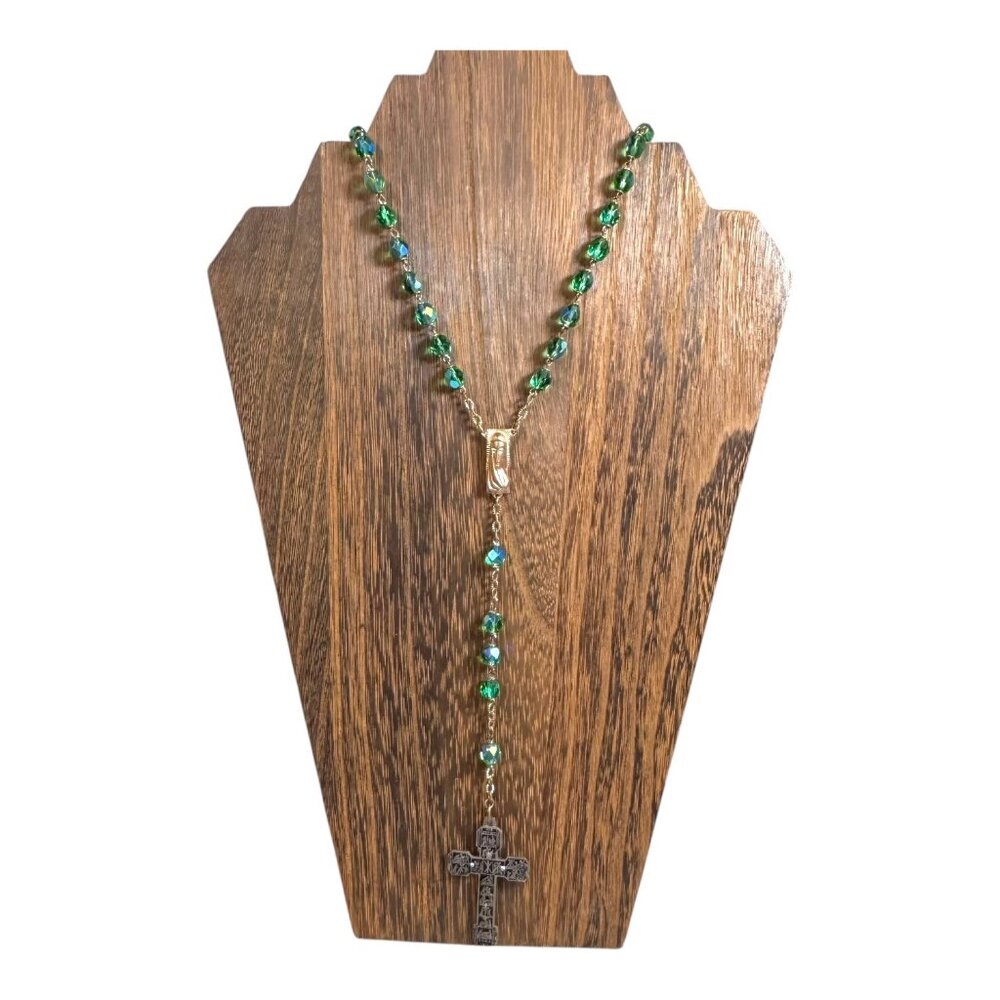 Italian Roma Blue Glass Rosary Emerald Green Iridescent Beads Silver Cross 15"